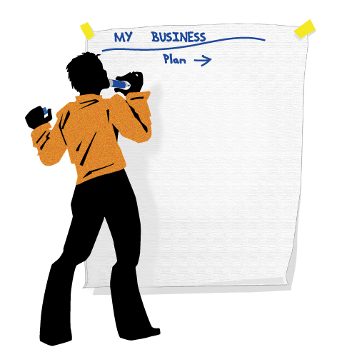 Person stands for large white sheet of paper, with marker, to come up with a business plan.