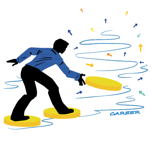 Throw the next disc as the next step in your career. Man stands on discs and throws next disc into the career waves..