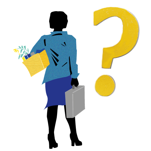 Lady fired from work with box of office supplies and suitcase. Big question mark and looking for a suitable job.